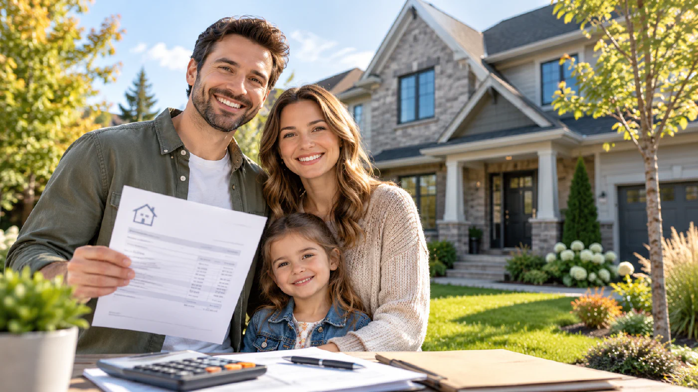 Une famille devant sa nouvelle maison, avec ses documents d’achat.
