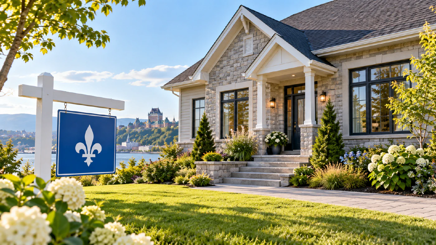 Maison au Québec avec un panneau à fleur de lys.